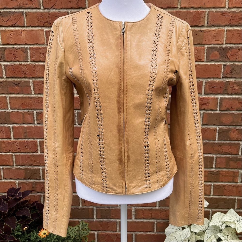 Tan Buckskin Leather Jacket Whipstitch Braided Lace Up Detail BB Dakota